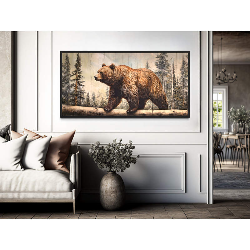 Grizzly Bear In Forest Painting On Wood Effect Canvas Print, Bear Wall Art, Farmhouse, Rustic Cabin Wall Decor, Extra Large Animal Wall Art.jpg