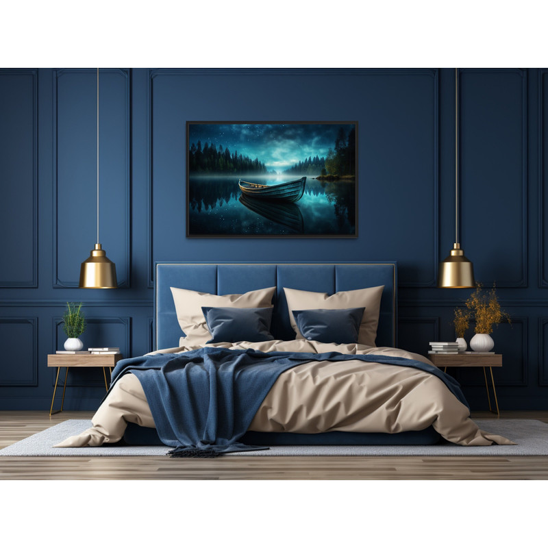 Lake Boat Starry Night Painting Canvas Print, Photography Style Lake Landscape Wall Art, Lakehouse Decor - Framed Or Unframed Ready To Hang.jpg