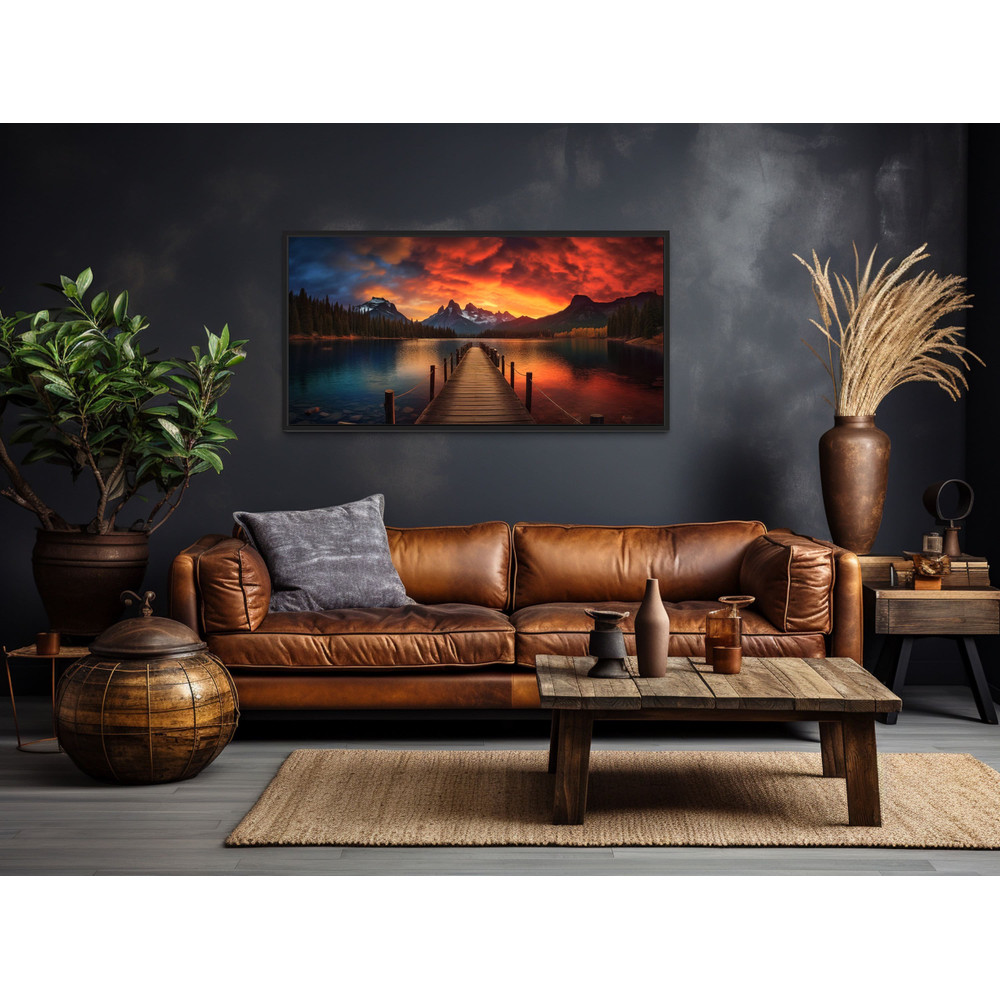 Lakehouse Wall Art, Lake And Pier Sunset Painting Canvas Print, Nature Lake Fishing Dock Landscape Wall Art Framed, Unframed, Ready To Hang.jpg