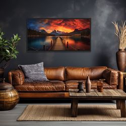 lakehouse wall art, lake and pier sunset painting canvas print, nature lake fishing dock landscape wall art framed, unfr