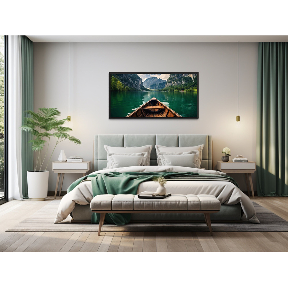 Emerald Green Lake With Wooden Canoe Painting Cavas Print, Mountain Lake View Wall Decor, Lakehouse Wall Art - Framed Unframed Ready To Hang.jpg