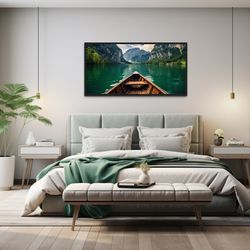 emerald green lake with wooden canoe painting cavas print, mountain lake view wall decor, lakehouse wall art - framed un