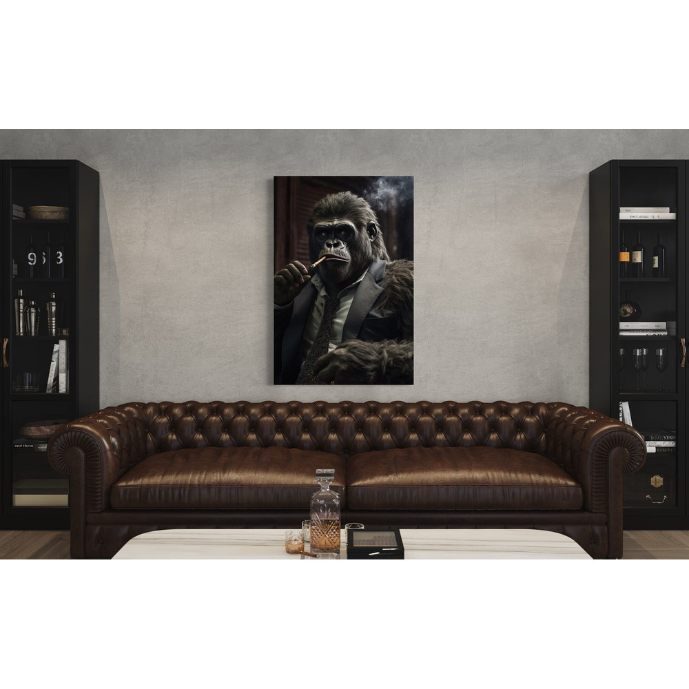Game Room, Man Cave, Billiards Poker Room, Cigar Room Wall Art - Gangster Gorilla Smoking Cigar Painting Canvas Print, Cool Manly Wall Decor.jpg
