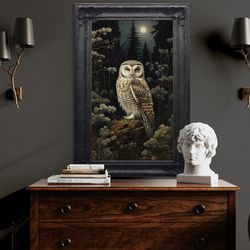 halloween wall art, owl in haunting forest moody painting - poster or canvas print, forestcore, dark academia wall art,