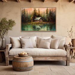 lakehouse painting canvas print - rustic lake and cabin wall art, vintage living room over mantel wall art framed or un