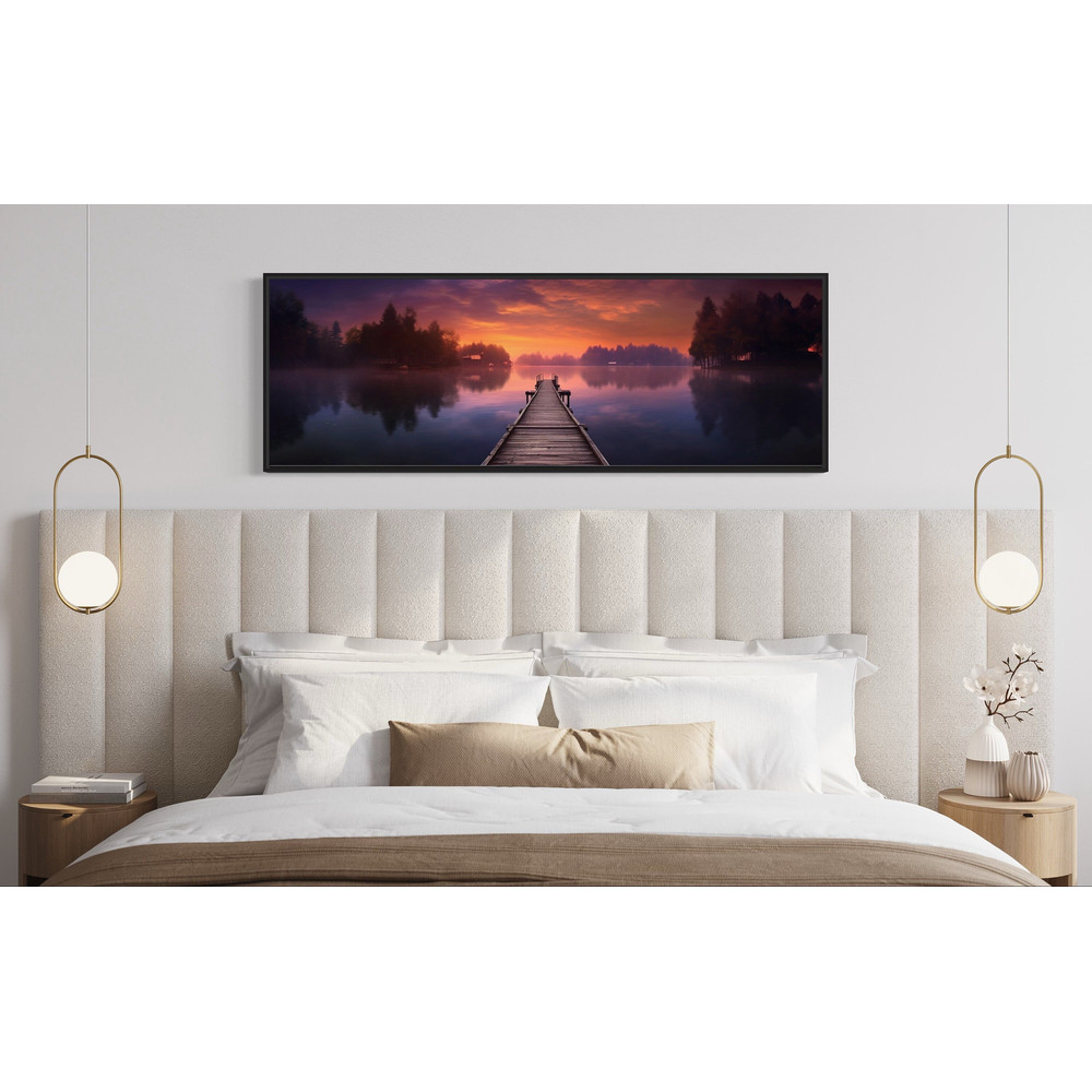 Lakehouse Wall Art, Lake Landscape With Dock Fishing Pier Sunset Panoramic Painting Canvas Print Cabin, Cottage Over Bed Decor Ready To Hang.jpg