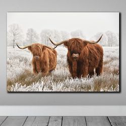 highland cow canvas wall art farmhouse decor cow black white print rustic wall decor animals painting scottish cow wall