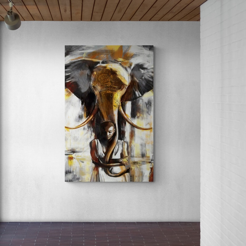 Embrace of the Ancients,Elephant and Human Bond, Unity with Nature Canvas, Majestic Elephant Art, Symbolic Wildlife Painting.jpg