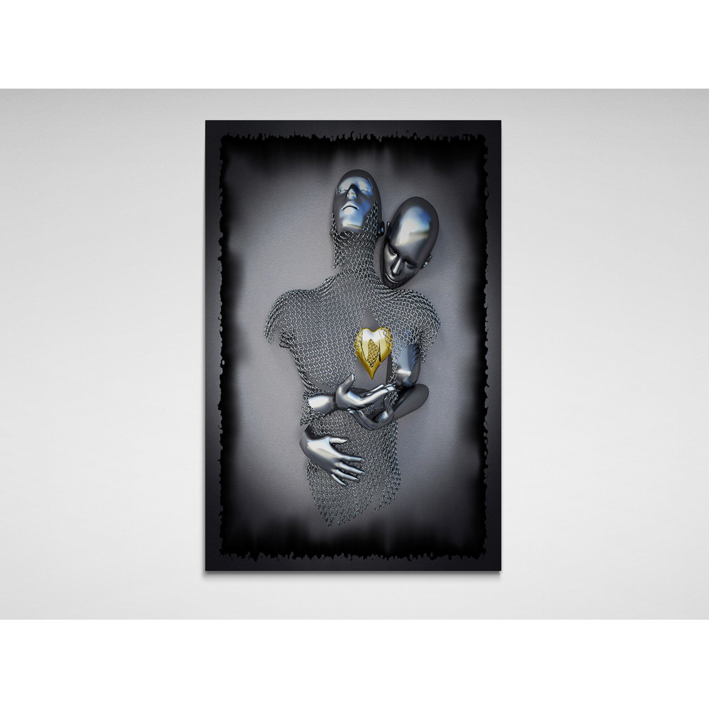 Golden Hearted Futuristic Love Connection Canvas,Futuristic Art, Robot Love, Modern Canvas, Tech-inspired Artwork, Golden Heart.jpg