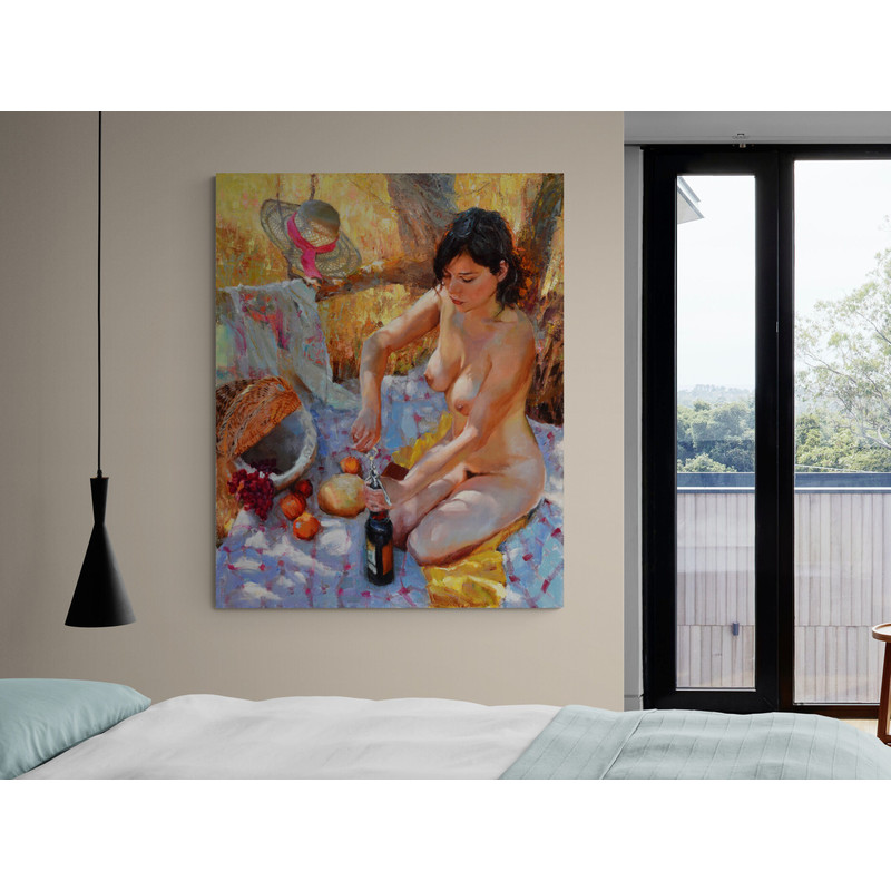 Enchanted Picnic,Figurative Art, Romanticism, Serene Moments, Textured Painting, Delicate Portrayal, Natural Elements, Elegant Decor.jpg