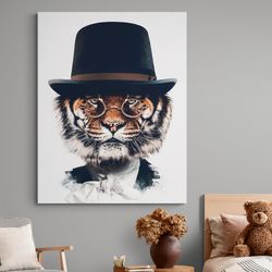 dapper tiger portrait,tiger art, animal portrait, dapper animal, whimsical decor, wall art, elegant tiger, home decor, u