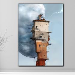 elevated abode - house reaching for the clouds,cloudscape art, elevated abode, fantasy house painting, dreamlike landsca