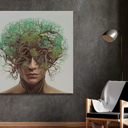 human head enveloped by trees,psyche, symbolism, harmony, contemporary art, surreal, thought-provoking, environmental, c