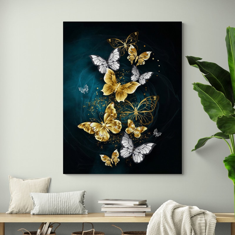 Golden Glitter Textured Butterfly Art Canvas, , Gold Butterfly, Blue Butterflies canvas painting, flying butterflies wall art decor-2.jpg