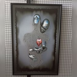 heartfelt weave - man with an embroidered chain fence heart,embroidered heart, emotional connection, symbolic art,home d