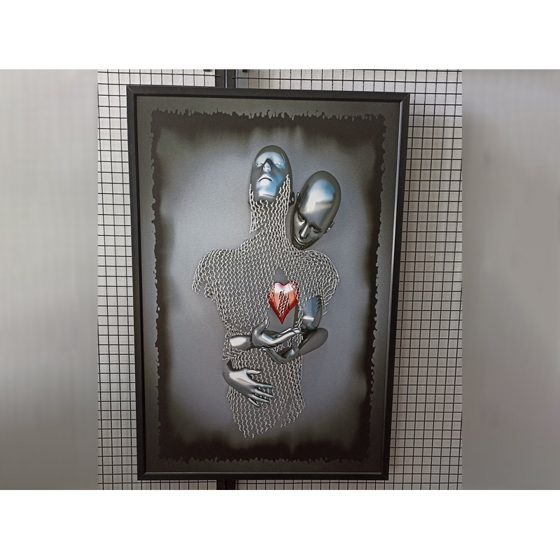 Heartfelt Weave - Man with an Embroidered Chain Fence Heart,Embroidered Heart, Emotional Connection, Symbolic Art,Home Decor,Wall Decor.jpg