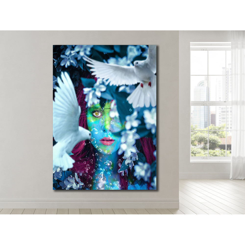 Flight of Fantasy,Surreal Portrait, Nature Imagery, Doves in Art, Hydrangea Beauty, Human-Nature Connection, Fantasy Art, Enchanted Gaze.jpg