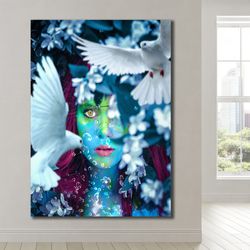 flight of fantasy,surreal portrait, nature imagery, doves in art, hydrangea beauty, human-nature connection, fantasy art