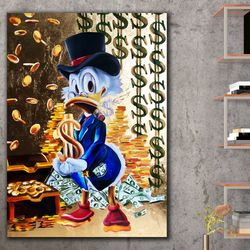 duck and dollar canvas painting, paint textured graffiti duck art, gold and money canvas painting,fashion cartoon pictur