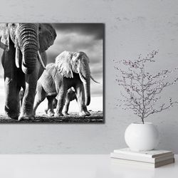 elephant print african elephant printable wall art, black and white elephant, elephant family wall art, animal canvas, e