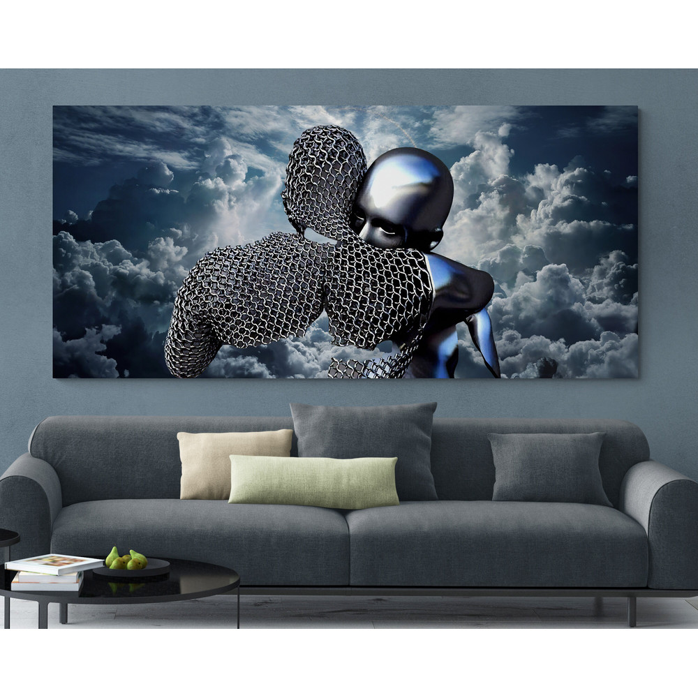 Embrace in the Sky Silver Woman and Chain Man,surreal art, romantic embrace, love in the sky, silver lady, chained man, symbolic art, hope.jpg