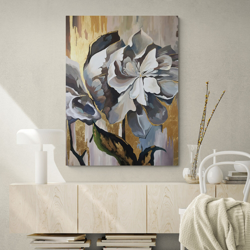 Gilded Petals,Floral Art, Contemporary Flower Painting, Modern Home Decor, Elegant Artwork, Botanical Art, Large Wall Art, Luxurious Decor.jpg