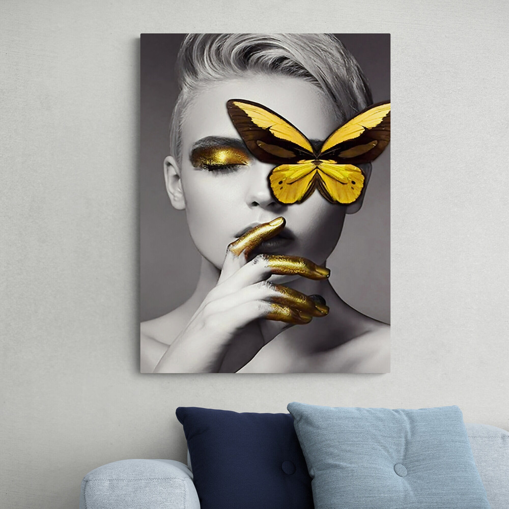 Golden Gaze Monochrome Elegance with a Touch of Nature,canvas art, golden accents, butterfly, nature, beauty, elegance, grayscale portrait.jpg