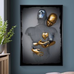love couple wall art canvas decor, large 3d view kiss couples,bedroom decoration, kissing human paint, gold and silver g