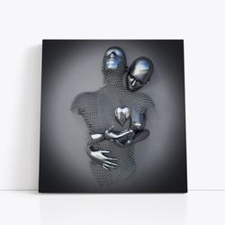 love heart, love couples , figurative art canvas, handcrafted glitter texture, home decor wall art, kiss couple canvas,