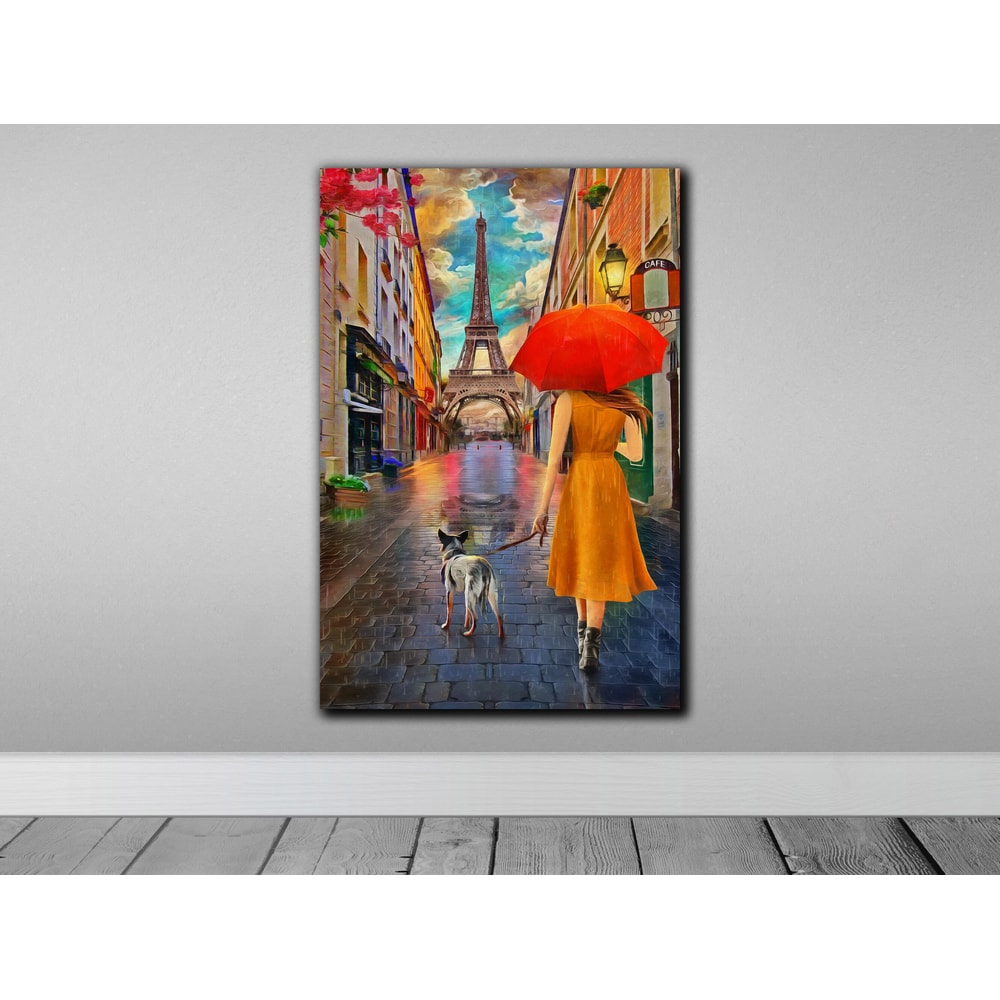 Eiffel Stroll - Woman with Red Umbrella Walking her Dog,Eiffel Tower Art, Parisian Stroll, Red Umbrella Painting, Woman with Dog,Home Decor.jpg