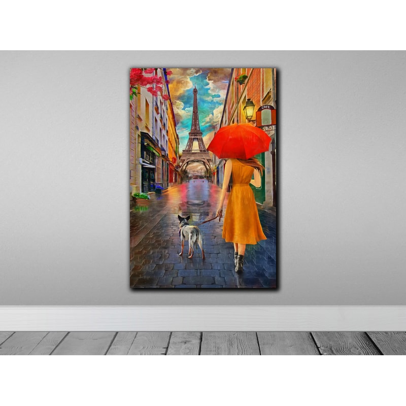 Eiffel Stroll - Woman with Red Umbrella Walking her Dog,Eiffel Tower Art, Parisian Stroll, Red Umbrella Painting, Woman with Dog,Home Decor.jpg