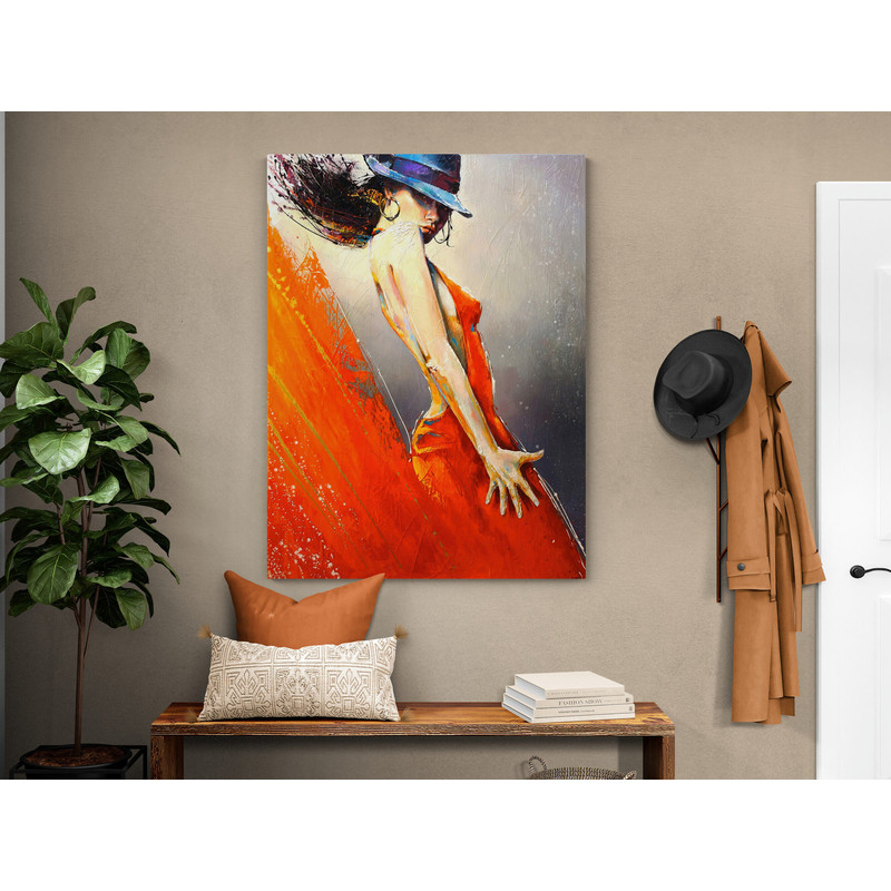 LADY IN RED, Red Dress, Blue Hat Sexy Dancing Woman Framed Art Canvas, Modern Printable American Tango Dance, Textured Body print on canvas.jpg