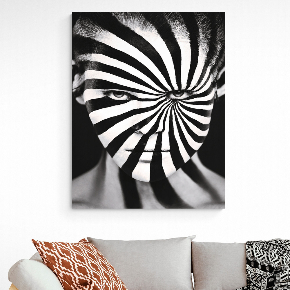 Hypnotic Gaze,Optical Illusion Art, Monochrome Decor, Striped Design, Abstract Portrait, Contemporary Art, Eye-Catching Canvas, Face Artwork.jpg
