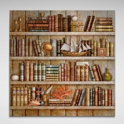 library art print on framed canvas, books photo poster, framed art, kids book shelf print on canvas, textured art gift f