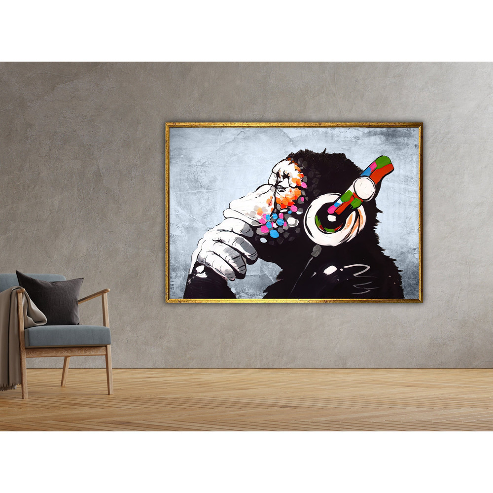 dj monkey, monkey listening to music wall art, colered monkey wall art, monkey poster, wall art canvas design, framed ready to hang.jpg