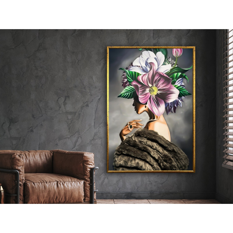 furry woman, floral woman art, flower canvas print, flower wall decor, fashion poster, wall art design, framed canvas ready to hang.jpg