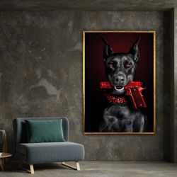 doberman gun canvas, hypebeast canvas, luxury designer fashion dog lover poster, wall art canvas design, framed canvas r