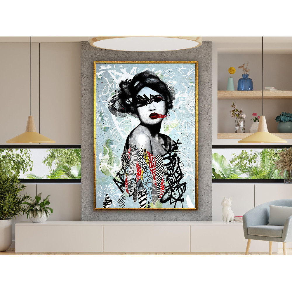 Graffiti canvas print, banksy, japanese woman art, geisha wall art, graffiti art print, asian art, kimono art design, framed ready to hang.jpg