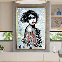 graffiti canvas print, banksy, japanese woman art, geisha wall art, graffiti art print, asian art, kimono art design, fr