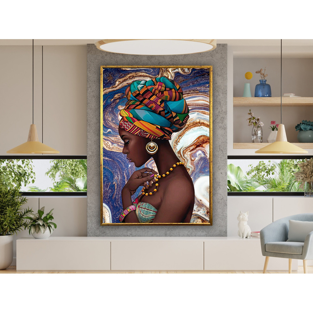 african woman canvas painting, black woman canvas print, ethnic woman art, gold jewelry wall art canvas design, framed canvas ready to hang.jpg