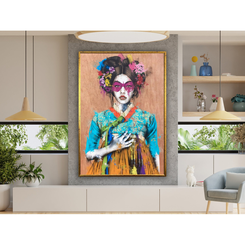 geisha art print, japanese woman art, geisha wall art, japanese art print, asian art, kimono art canvas design, framed canvas ready to hang.jpg