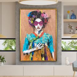 geisha art print, japanese woman art, geisha wall art, japanese art print, asian art, kimono art canvas design, framed c
