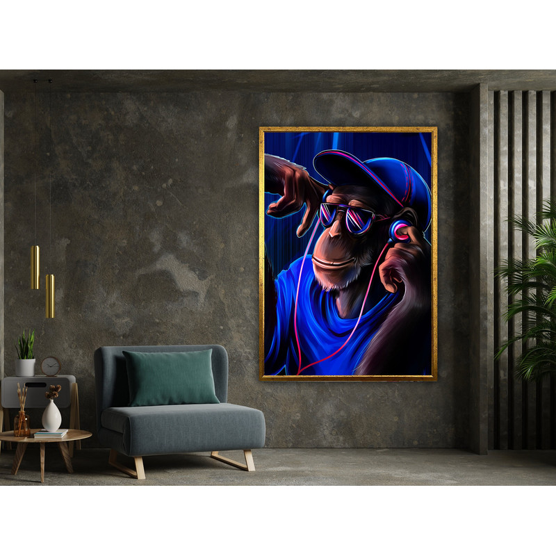Dj Monkey, Crazy Monkey, Blue Monkey Wall Art, Animal Art, Gorilla Headphone Canvas Prints, Wall Art Canvas Design, Ready To Hang Decoration.jpg