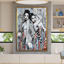 geisha art print, banksy, japanese woman art, geisha wall art, graffiti art print, asian art, kimono art canvas design,