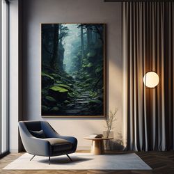 dark jungle path in forest art print - spring painting - perfect gift home wall decor