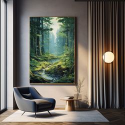 forest river trail spring art print - forest oil painting - perfect gift home wall decor