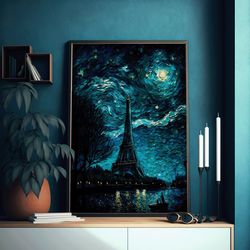 paris eiffel tower van gogh style starry night wall art fantasy painting gift for art lovers