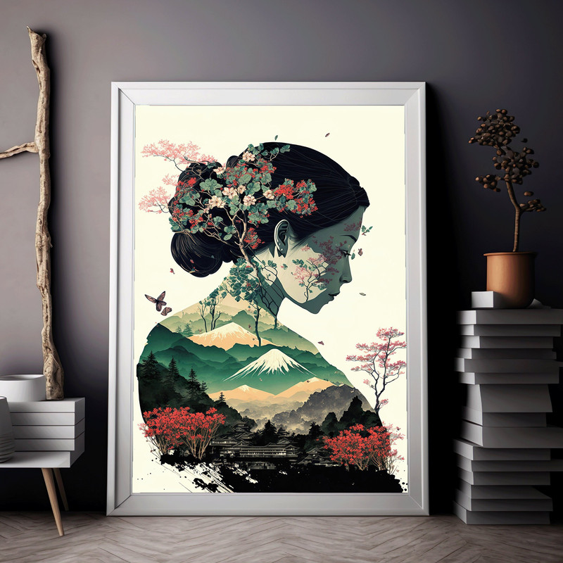Japanese Geisha Artwork Green Flowers and a Mountain Double Exposure Art Living Room Wall Art.jpg