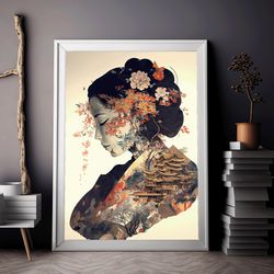 japanese geisha wall art orange flowers and a palace double exposure art gift for japan lovers