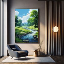 clear skies and river in the green art print - spring forest painting - perfect gift home wall decor